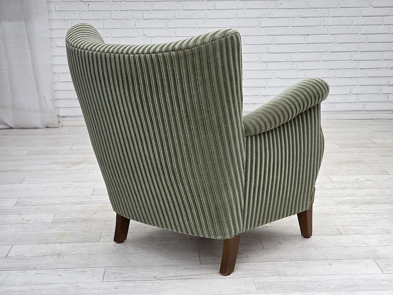 Danish armchair, green velour, oak wood legs, 1960s 16