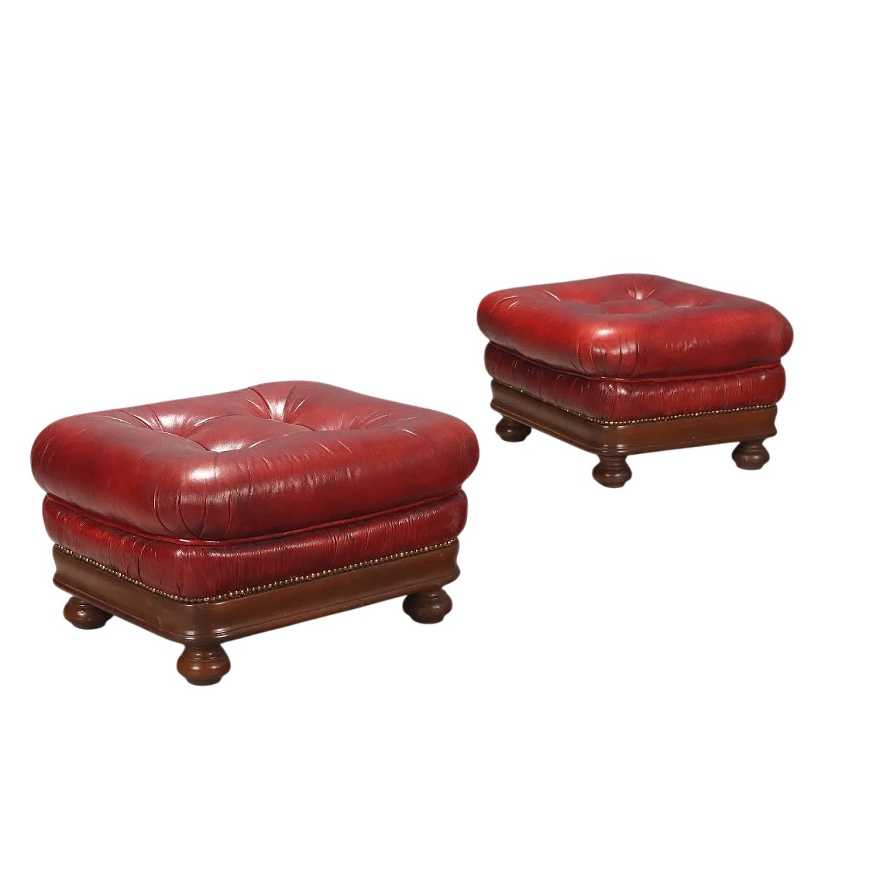Coppia di pouf in faggio tinto noce e pelle bordeaux, primo '900 7