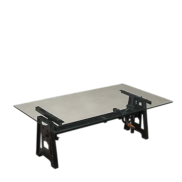 Tavolino in vetro e ferro con meccanismo regolabile, '900