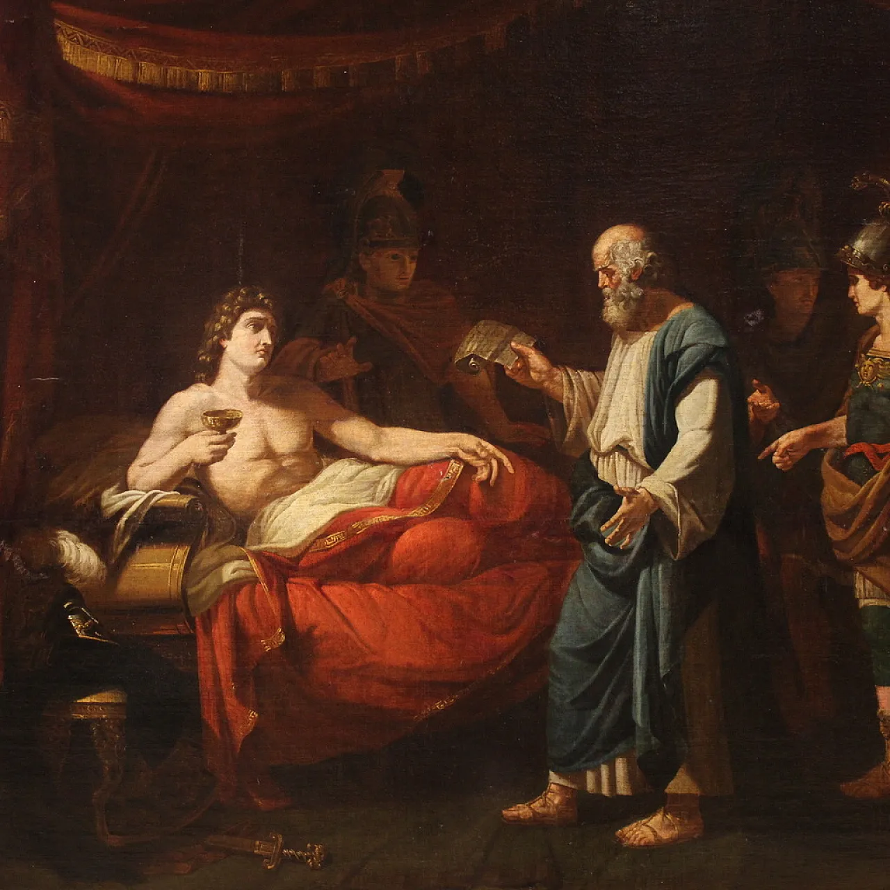 Dipinto Neoclassico con Alessandro Magno, olio su tela, '700 2