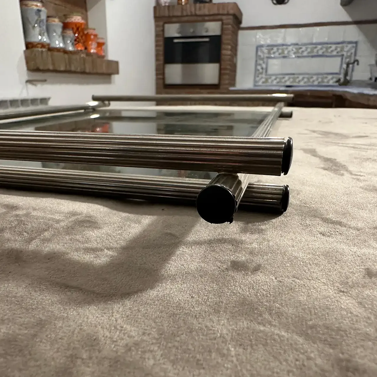 Modern silver plated and grey glass serving tray, 1970s 1