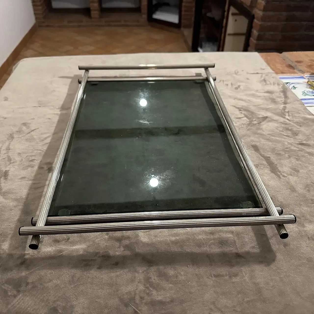 Modern silver plated and grey glass serving tray, 1970s 6