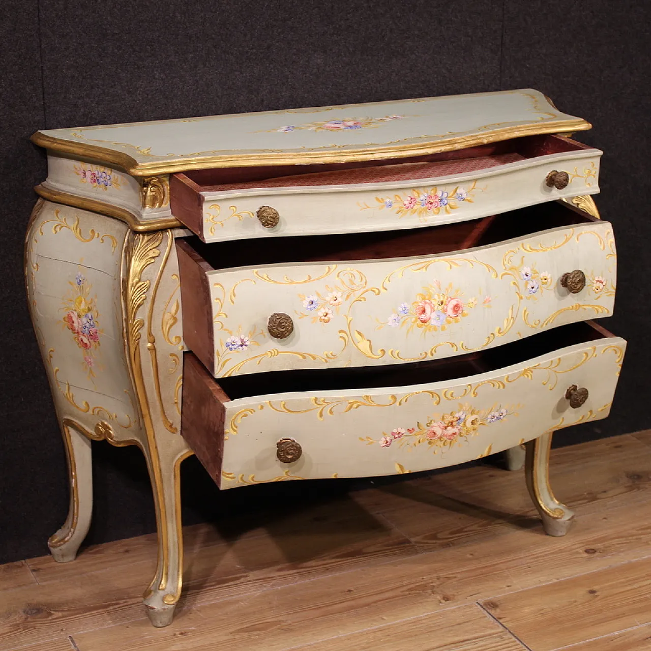 Comò veneziano laccato, dipinto e dorato, '900 3