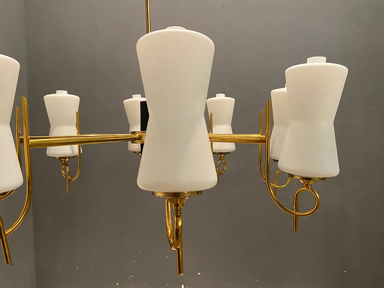Large brass chandelier with opaline glass lampshades from Stilnovo, 1950s 3