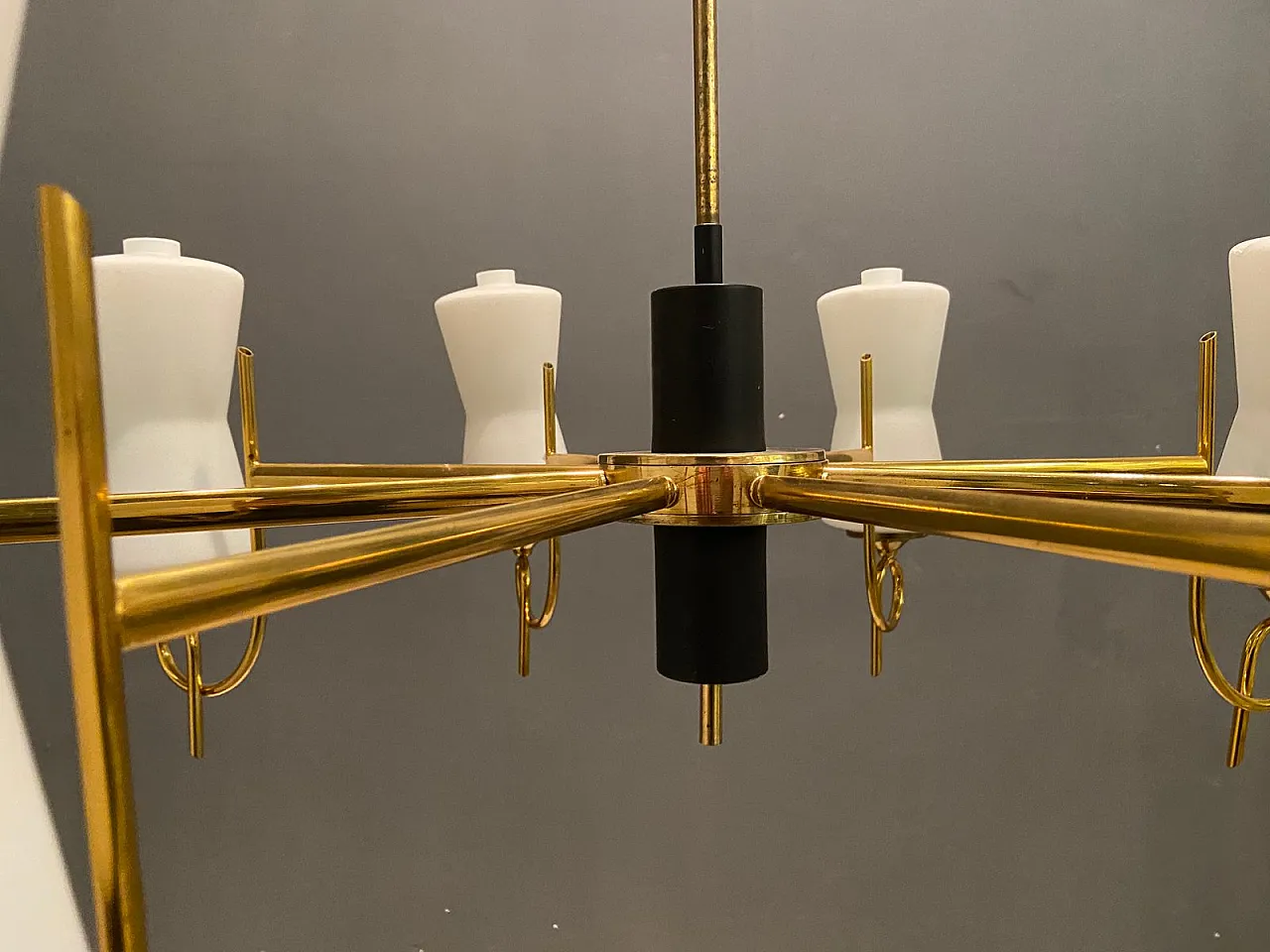 Large brass chandelier with opaline glass lampshades from Stilnovo, 1950s 4