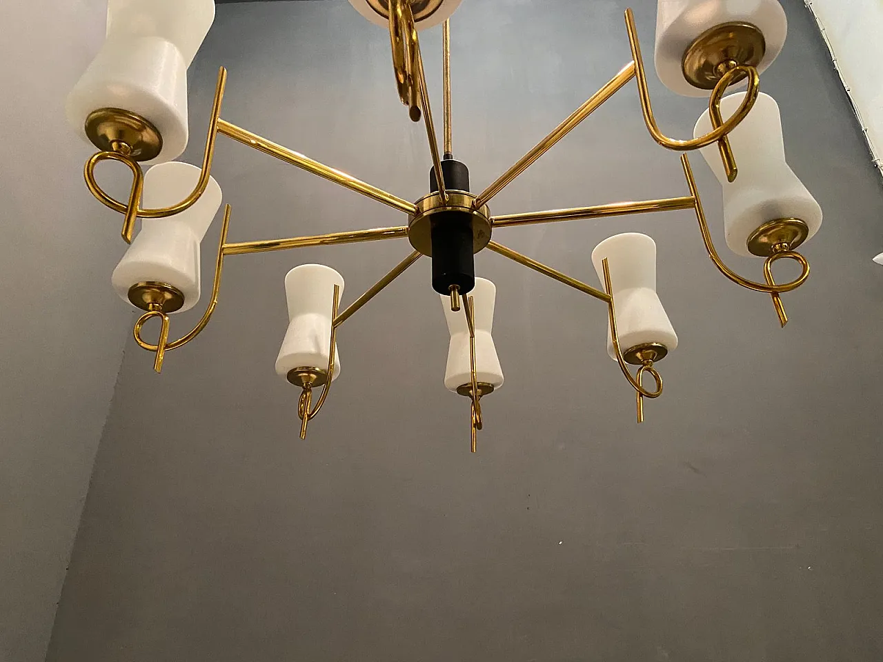 Large brass chandelier with opaline glass lampshades from Stilnovo, 1950s 7