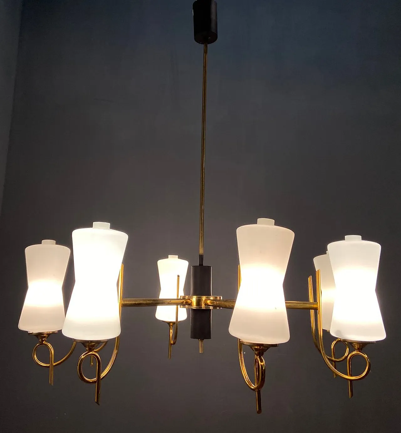 Large brass chandelier with opaline glass lampshades from Stilnovo, 1950s 10