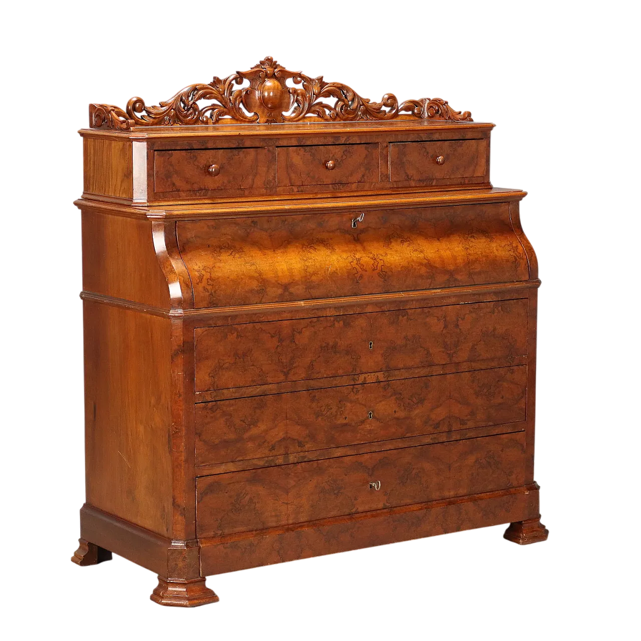 Scrivania Biedermeier in mogano e radica, metà '800 11