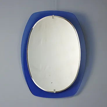 Specchio ovale con cornice in vetro blu, anni '60