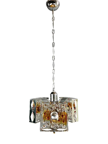 Lampadario in metallo e vetro di Toni Zuccheri per Mazzega, anni '70