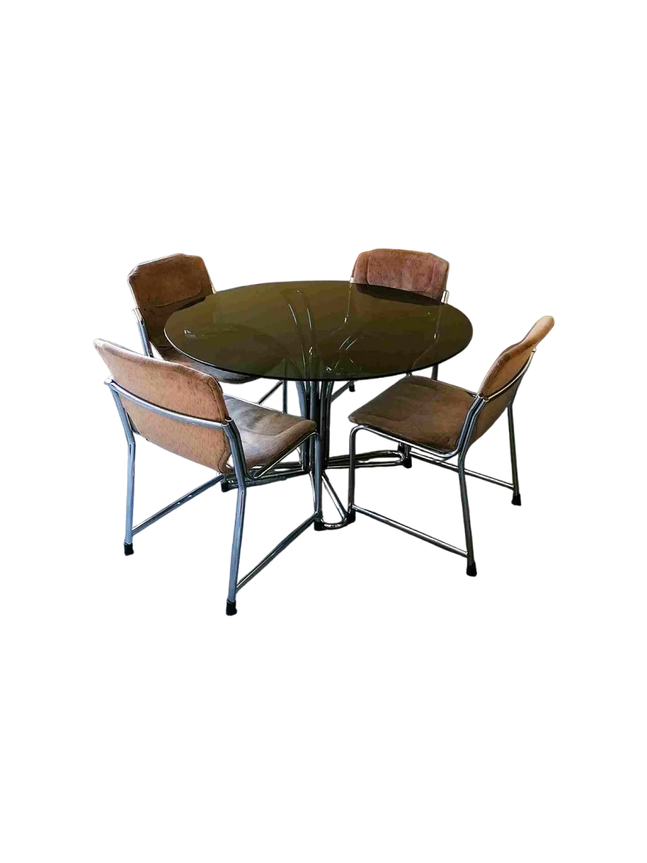 Tavolo e sedie in acciaio con ripiano in vetro di Giotto Stoppino, anni '70, set di 5 8