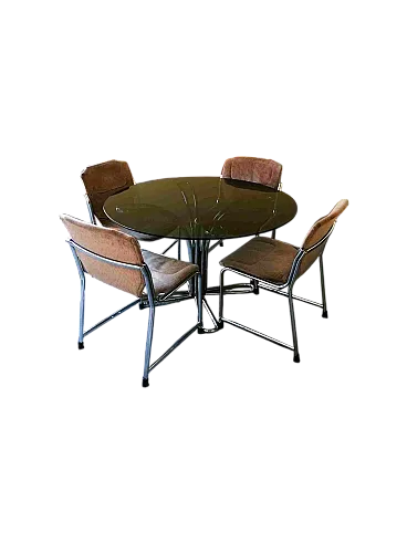 Tavolo e sedie in acciaio con ripiano in vetro di Giotto Stoppino, anni '70, set di 5