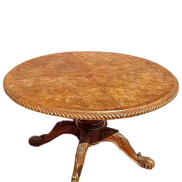 Tavolo rotondo in radica di noce con piano intarsiato, epoca 1890