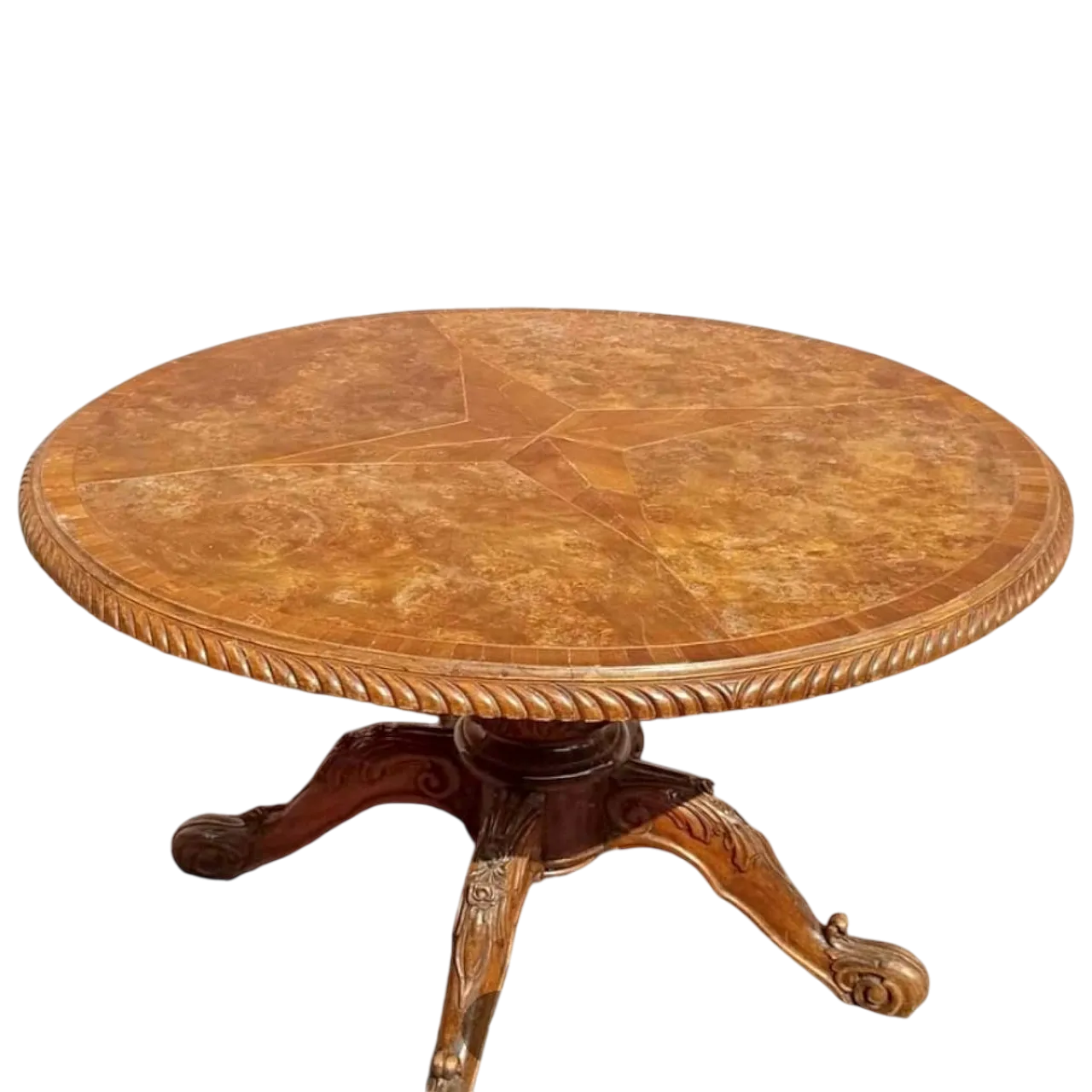 Tavolo rotondo in radica di noce con piano intarsiato, epoca 1890 6