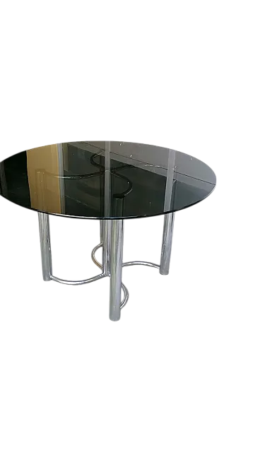 Tavolo rotondo in acciaio e vetro nero di Giotto Stoppino, anni '70