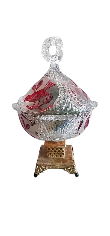 Porta caramelle in cristallo con base in marmo e metallo