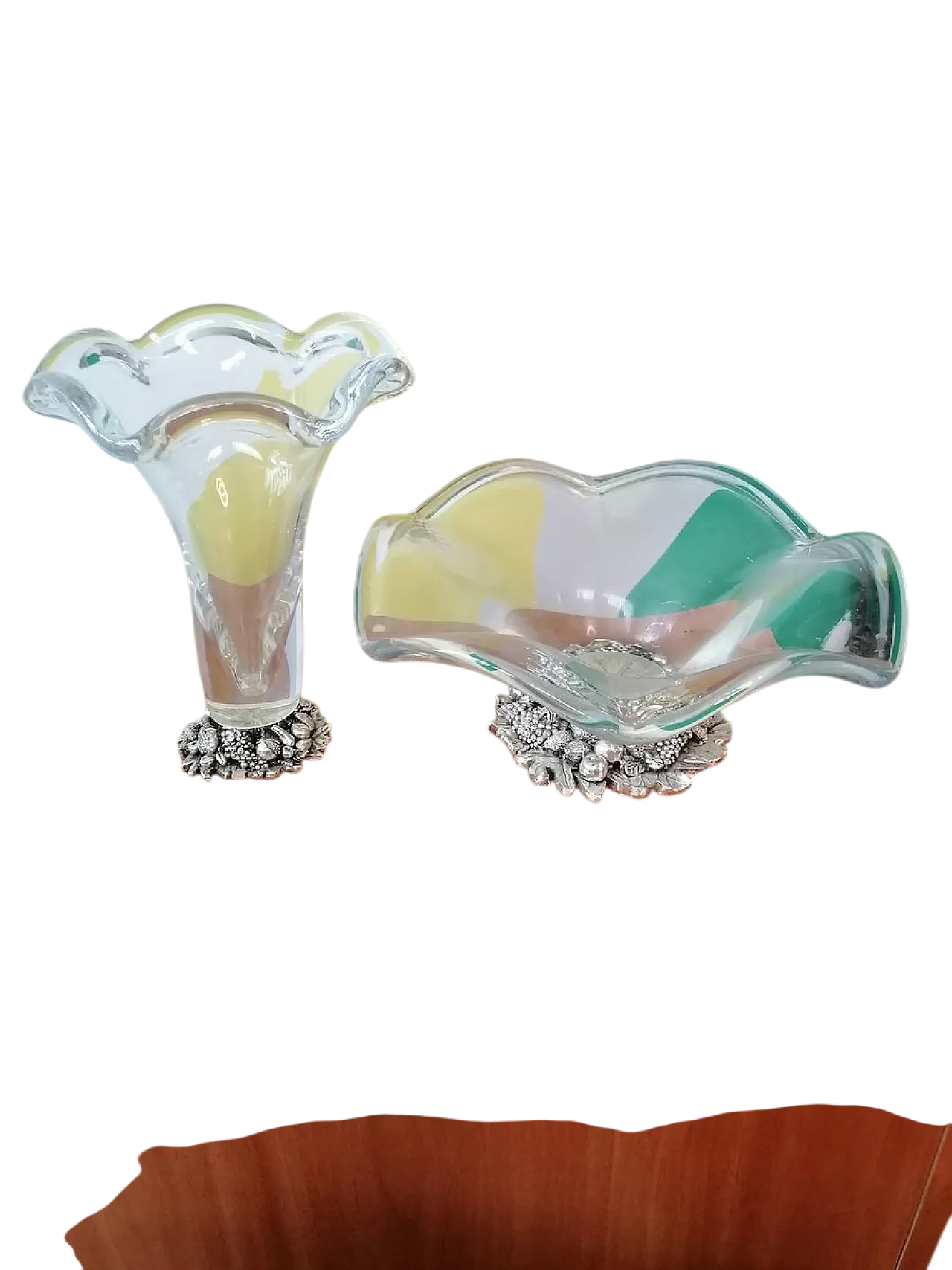 Vaso e portafrutta Murano con base resina placcata argento, anni '80 11