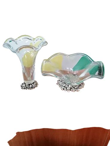 Vaso e portafrutta Murano con base resina placcata argento, anni '80