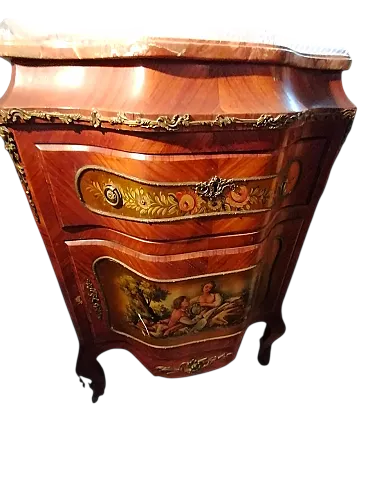 Piccola cassettiera intarsiata con bronzi e marmo Bois De Rose, epoca 1890