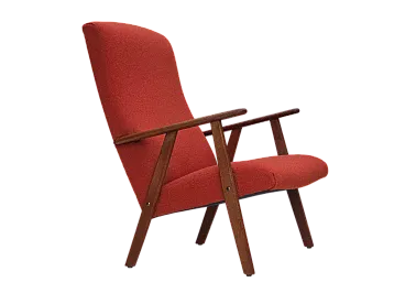 High-back armchair in wool, teak, oak, 1970s