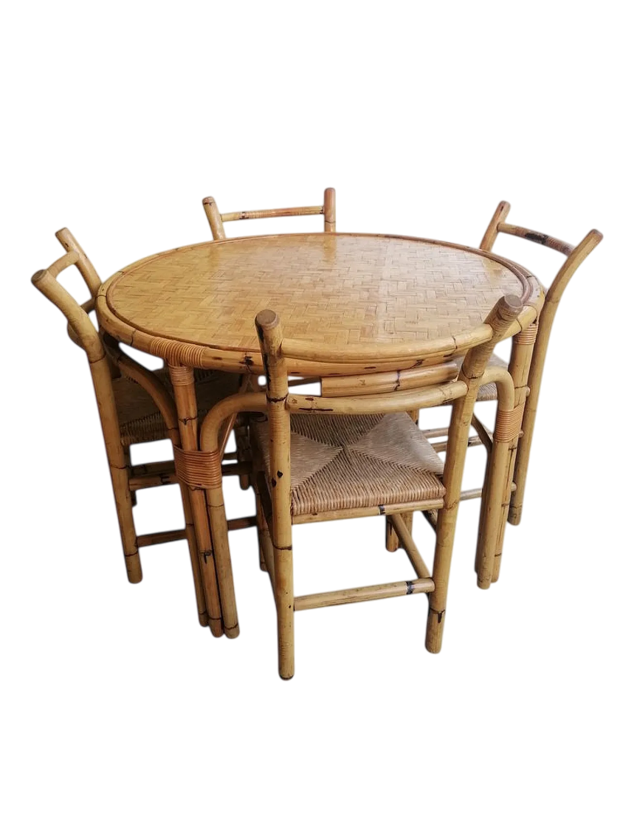 Tavolo da pranzo e 5 sedie in bambù,  anni '80 9