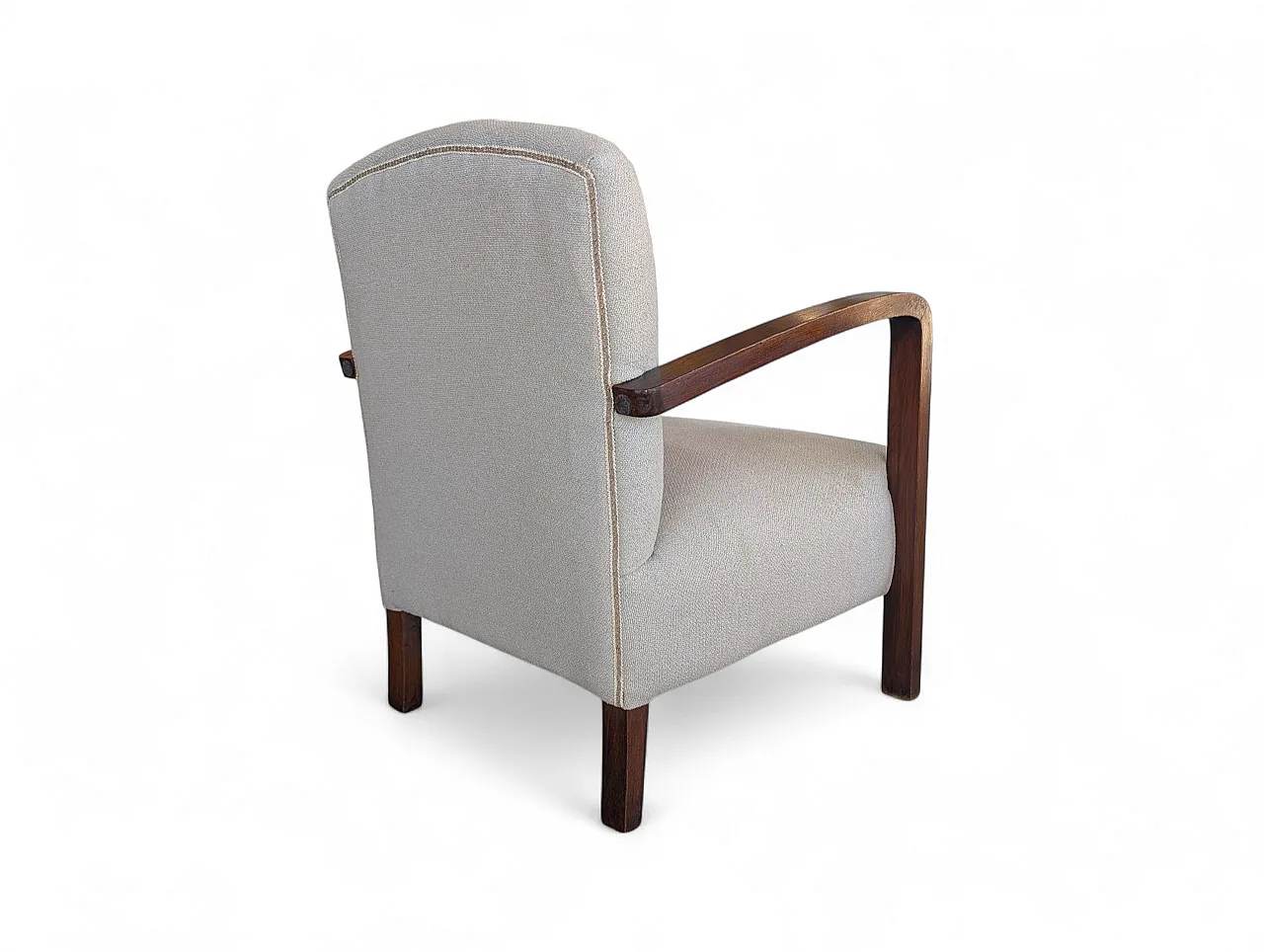 Poltrona in legno scuro e tessuto chiaro, anni '50 3