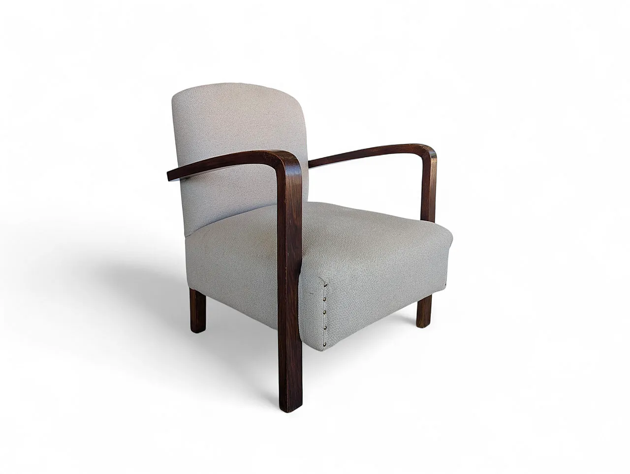 Poltrona in legno scuro e tessuto chiaro, anni '50 8