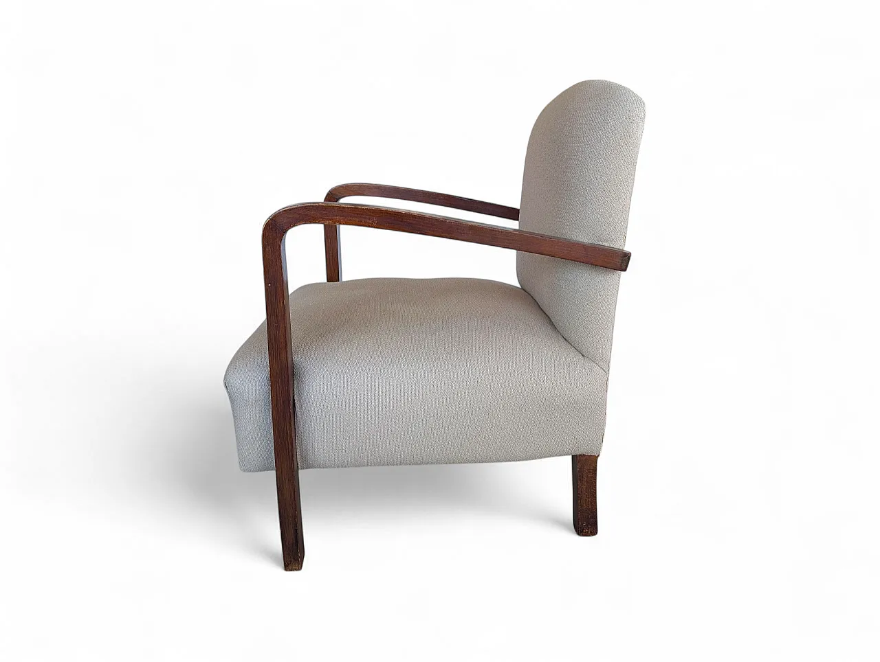 Poltrona in legno scuro e tessuto chiaro, anni '50 10