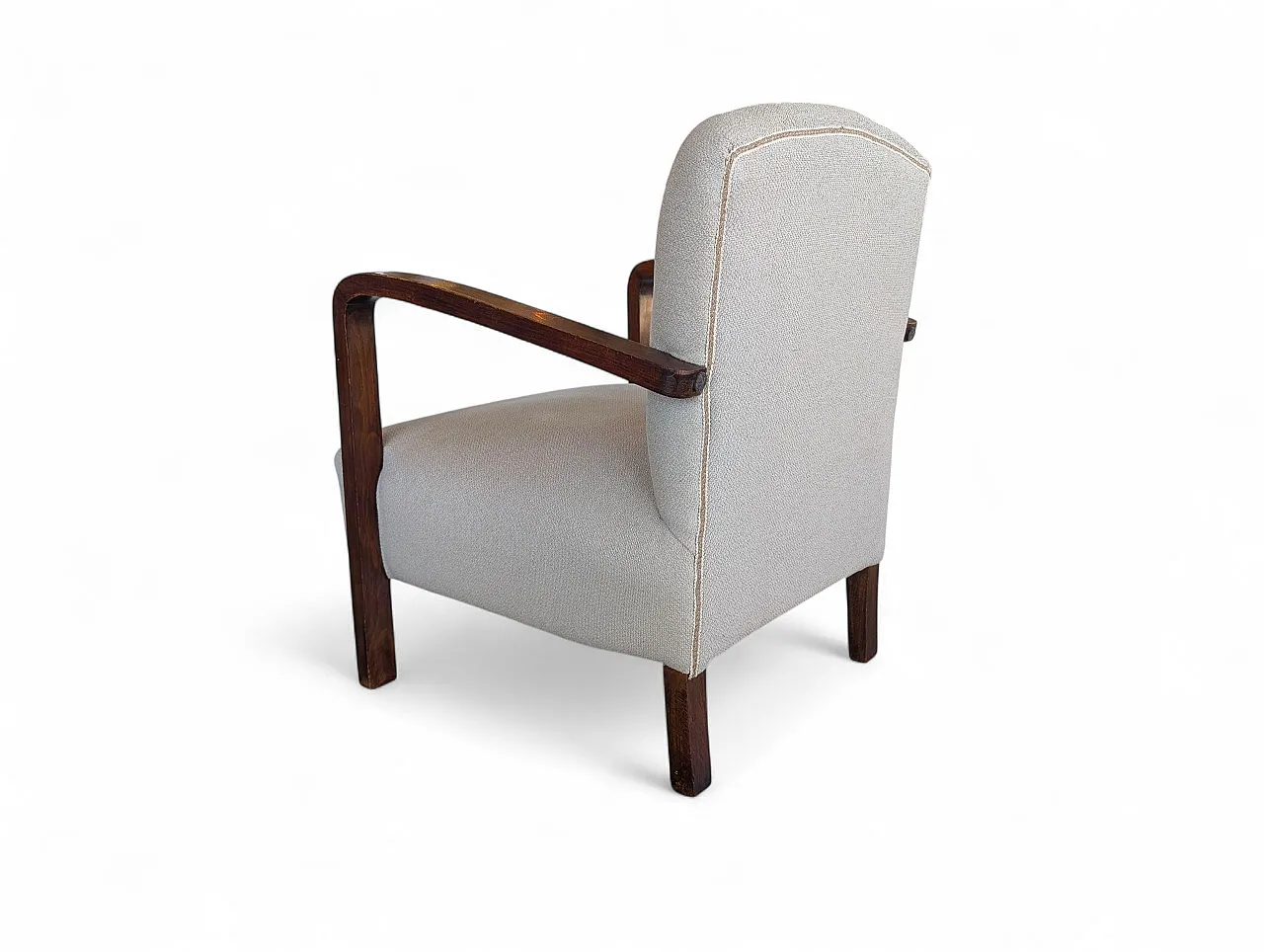 Poltrona in legno scuro e tessuto chiaro, anni '50 12