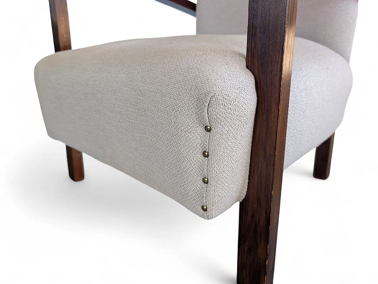 Poltrona in legno scuro e tessuto chiaro, anni '50 18