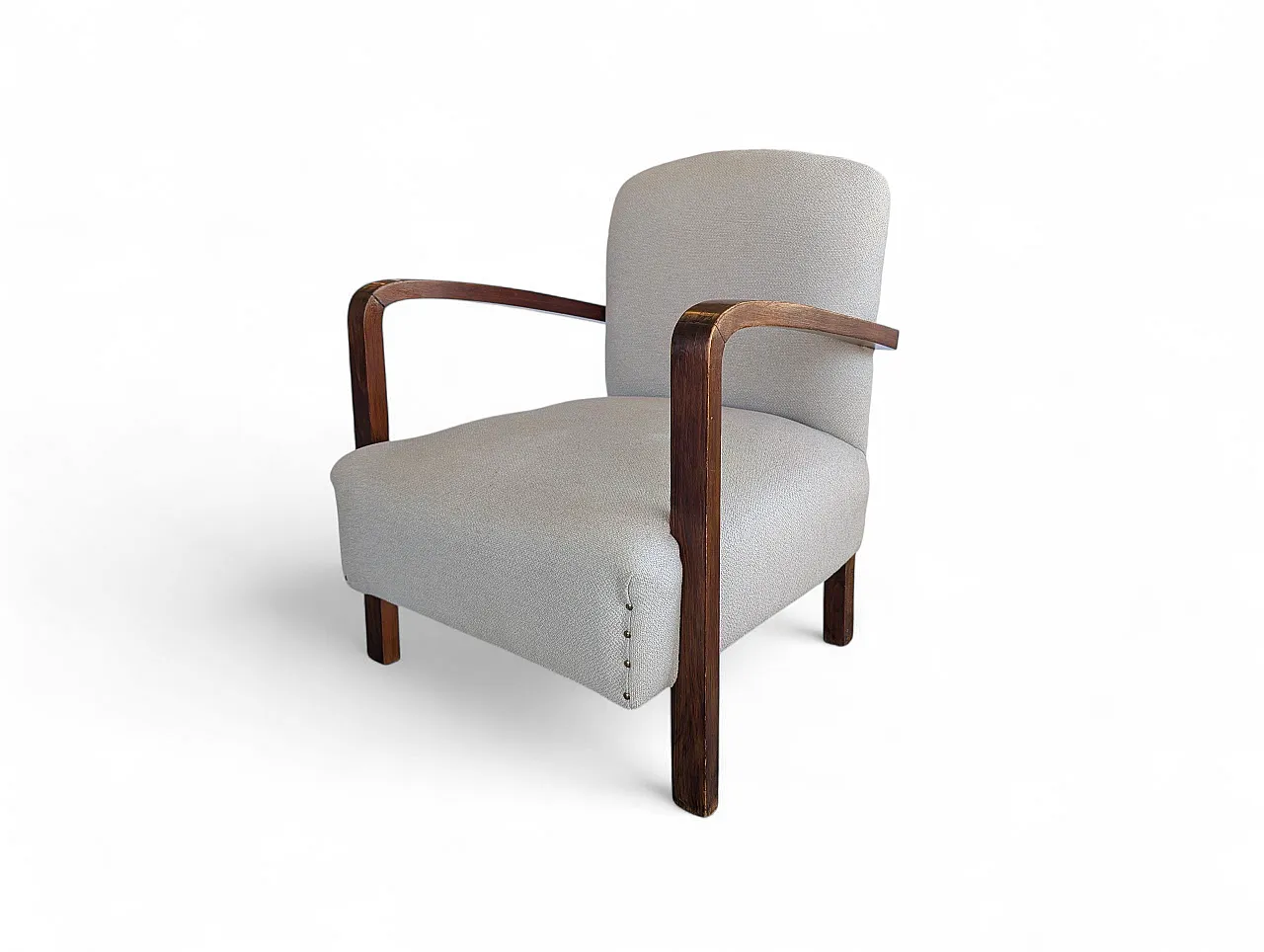 Poltrona in legno scuro e tessuto chiaro, anni '50 20