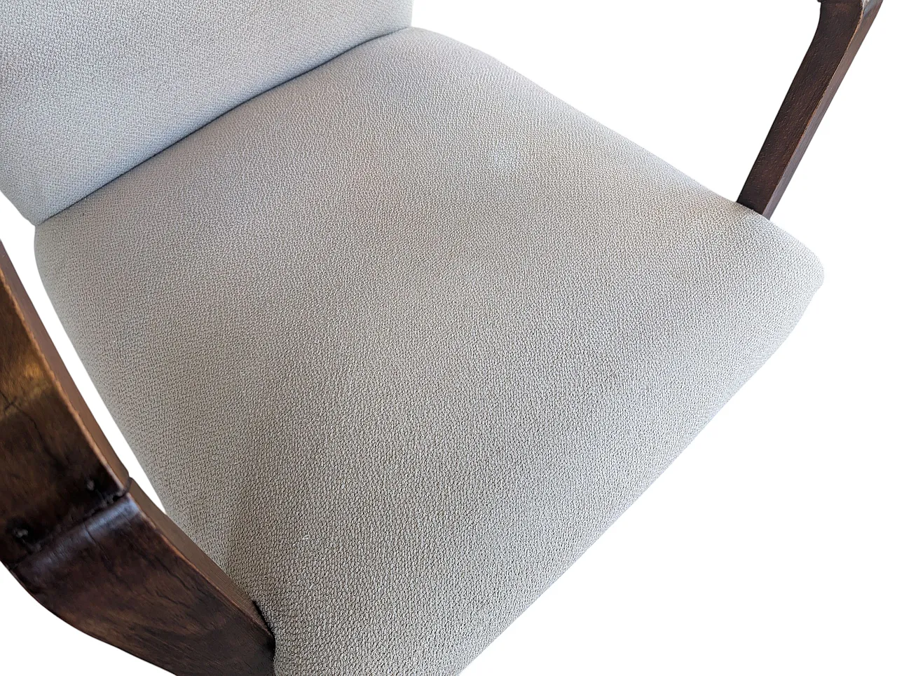 Poltrona in legno scuro e tessuto chiaro, anni '50 24