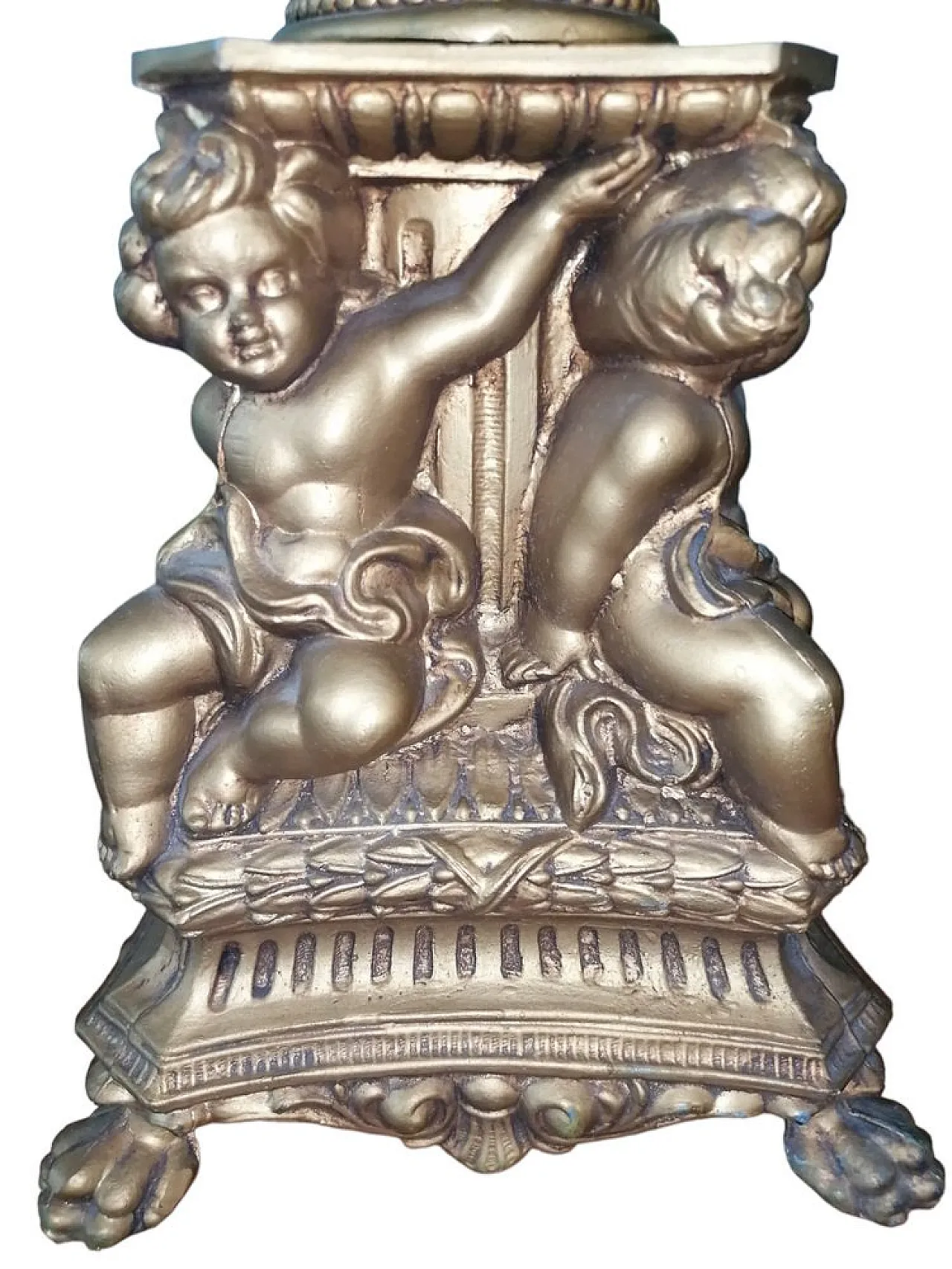 Candelabro liturgico antico da Chiesa in bronzo con putti, primo '900 6