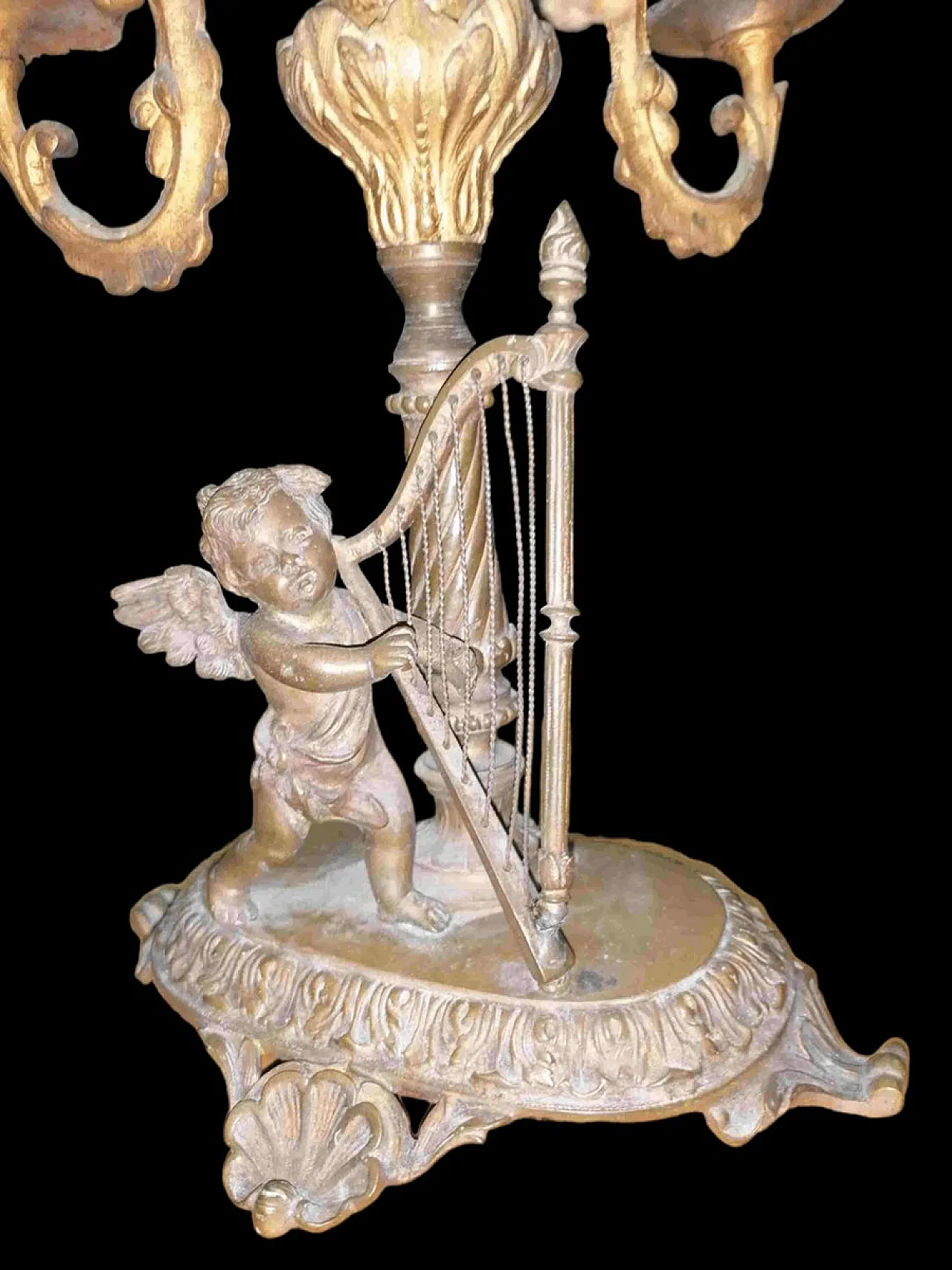 Candelabro in bronzo con putto e arpa, primo '900 4