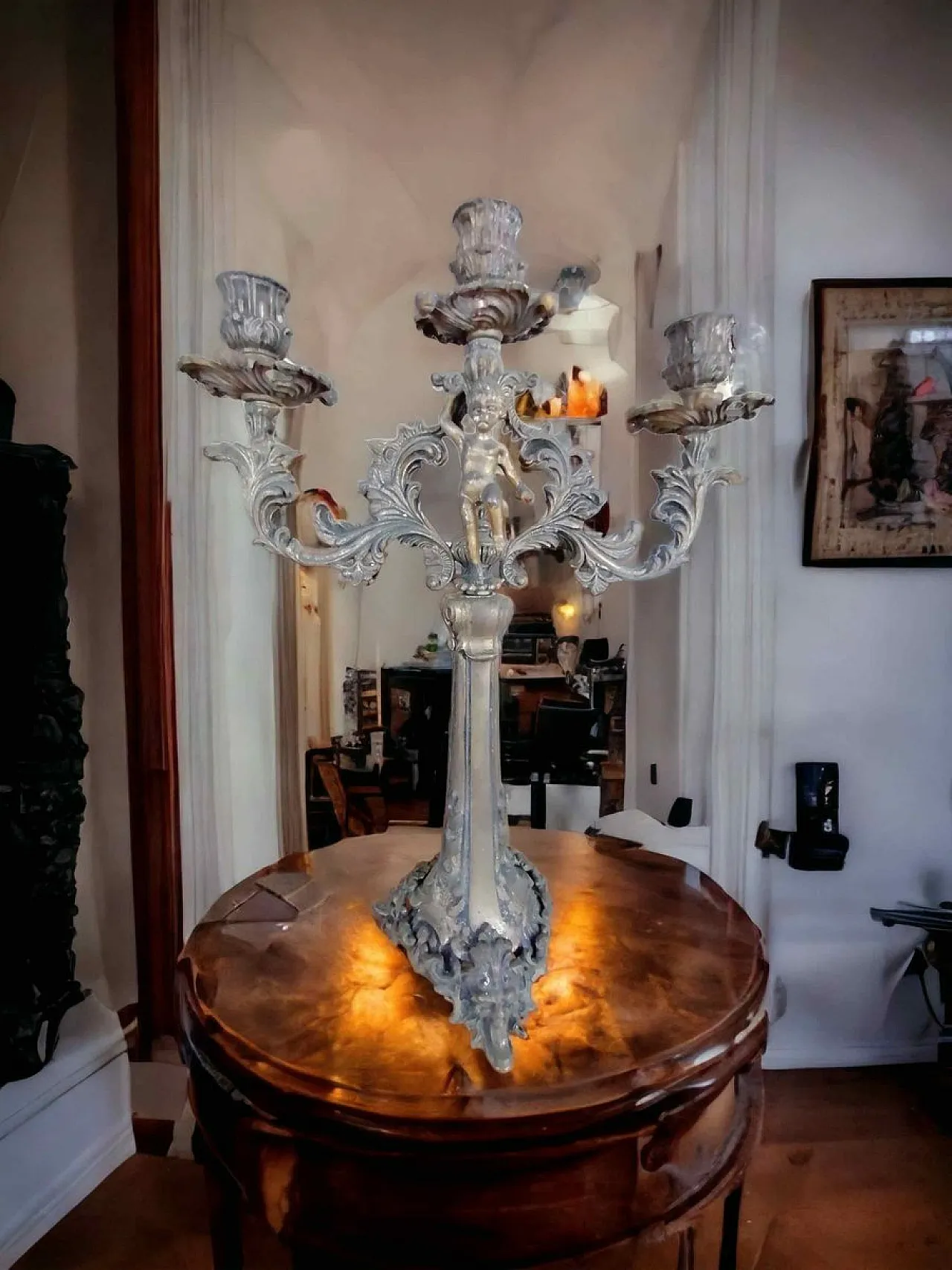 Candelabro in bronzo con putto, primo '900 3