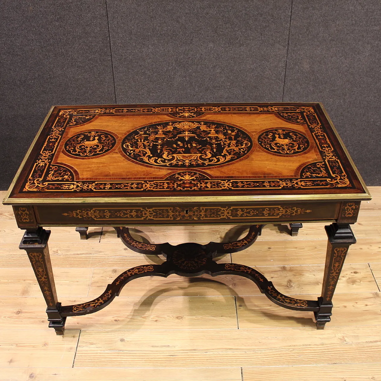 Tavolo scrittoio francese intarsiato in legni esotici, '900 3