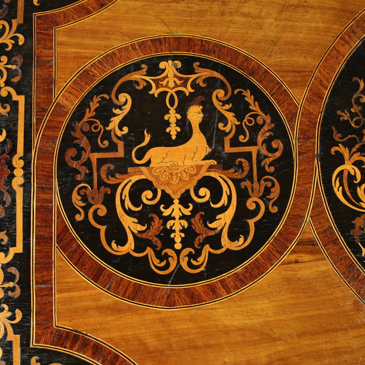 Tavolo scrittoio francese intarsiato in legni esotici, '900 5