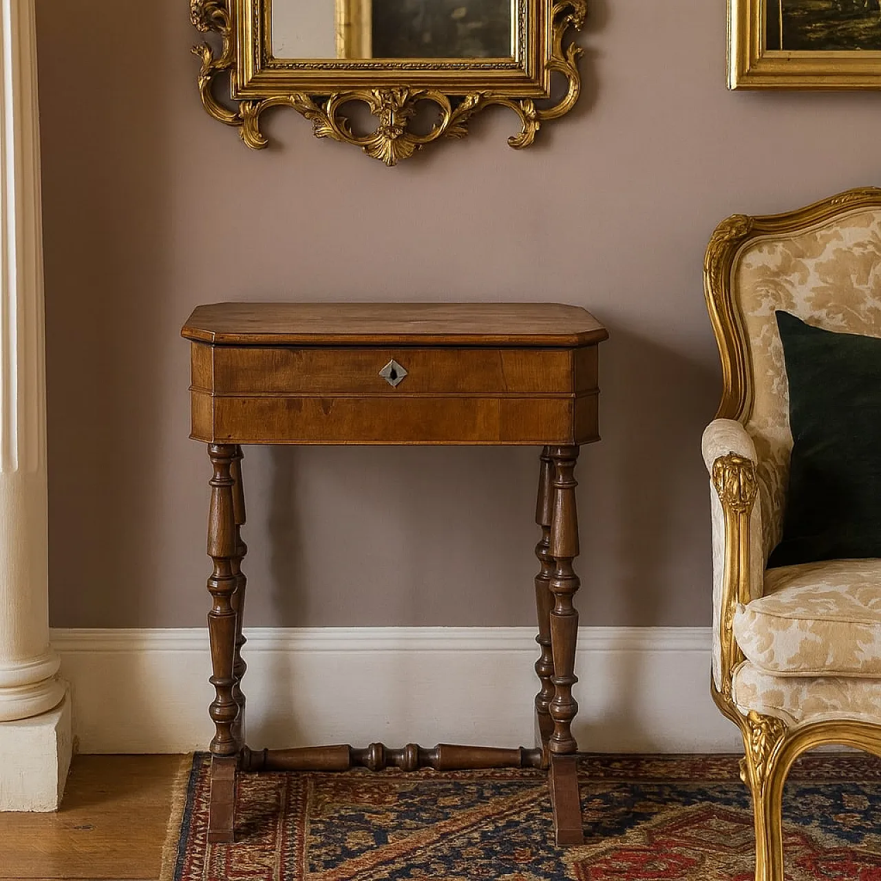 Tavolo da lavoro in noce con cassetto, '900 2