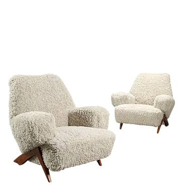 Coppia di poltrone con gambe in legno di faggio e tessuto, '900