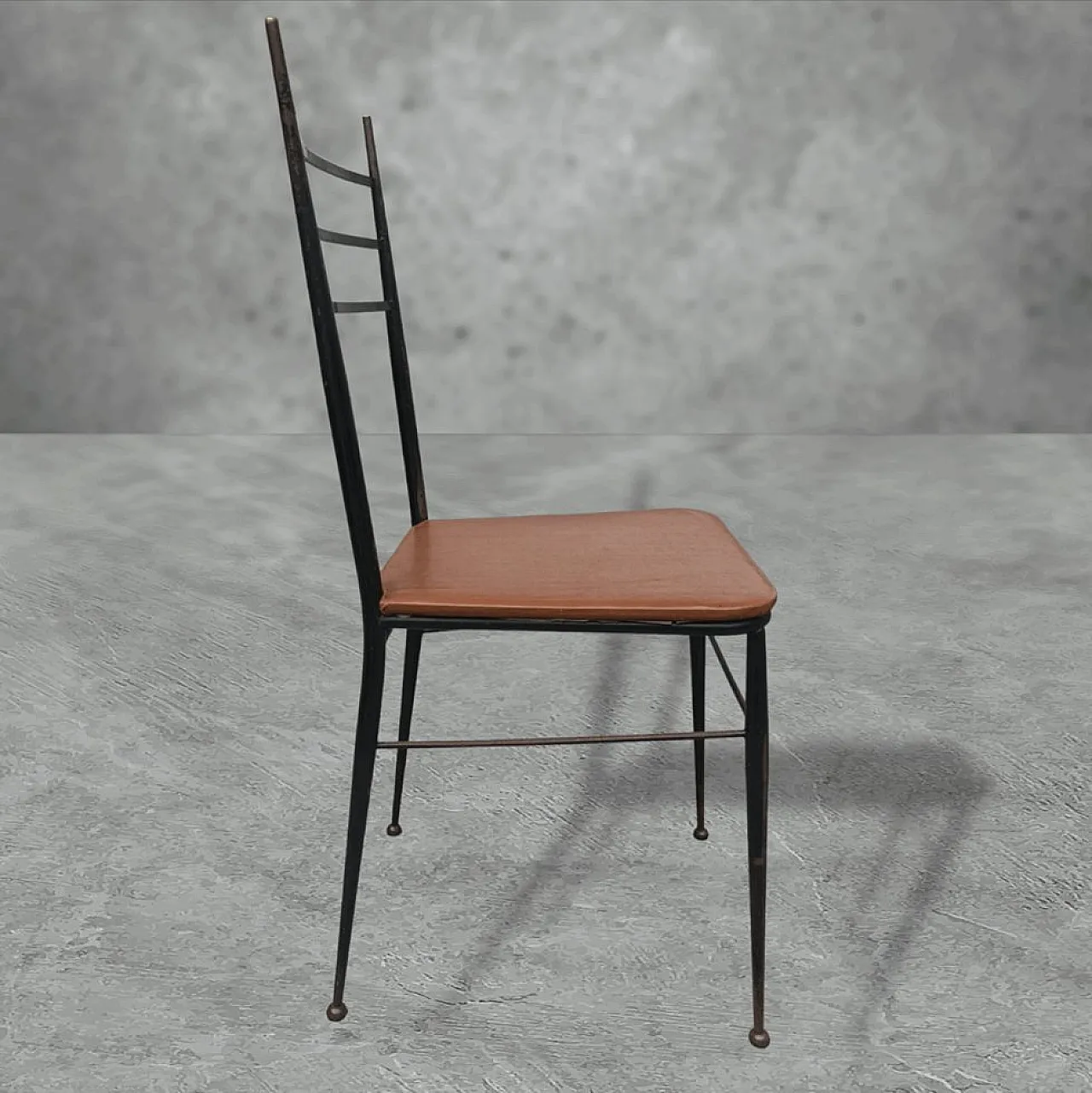 4 Sedie in metallo e similpelle marrone, metà '900 2