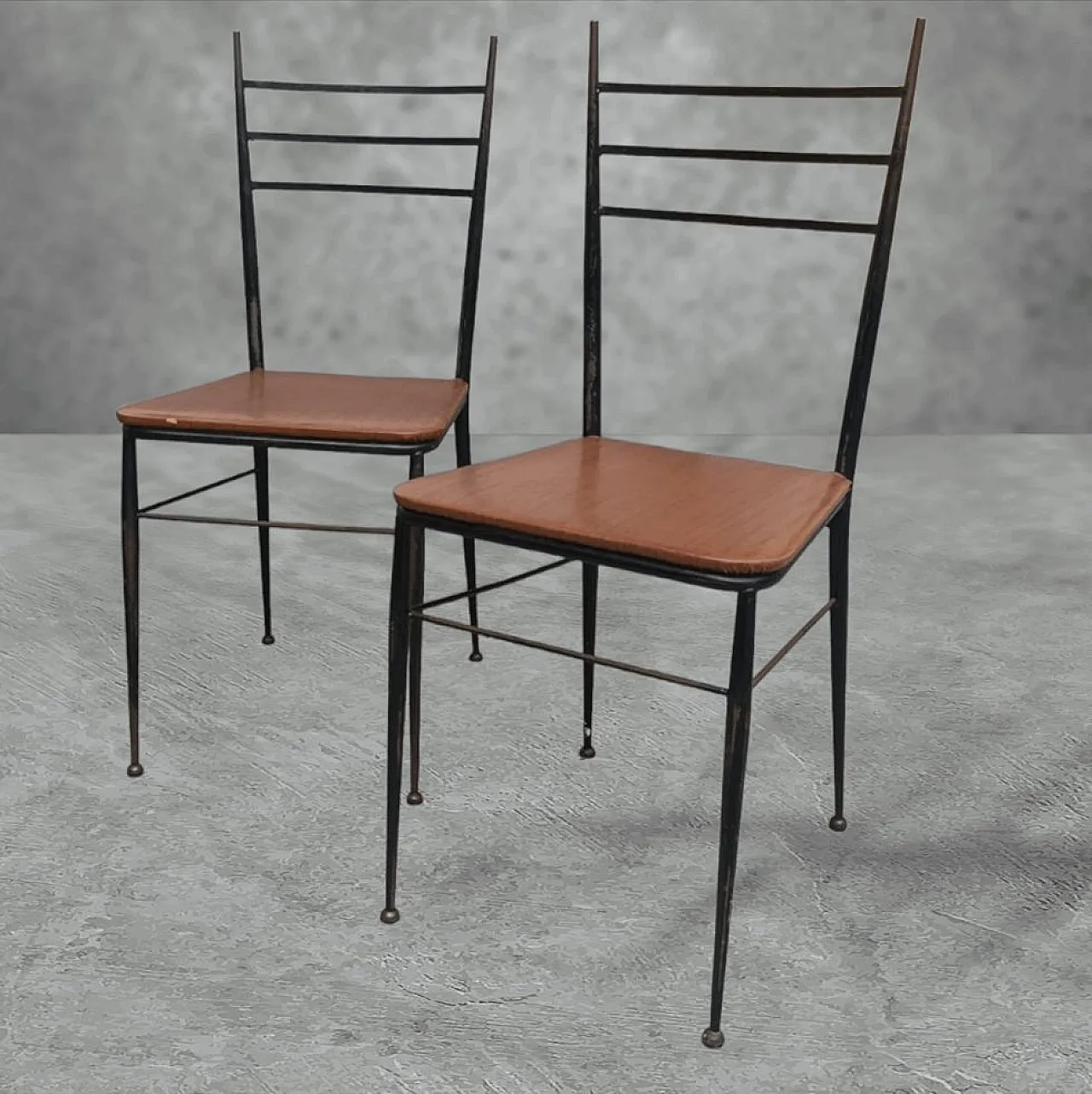 4 Sedie in metallo e similpelle marrone, metà '900 7