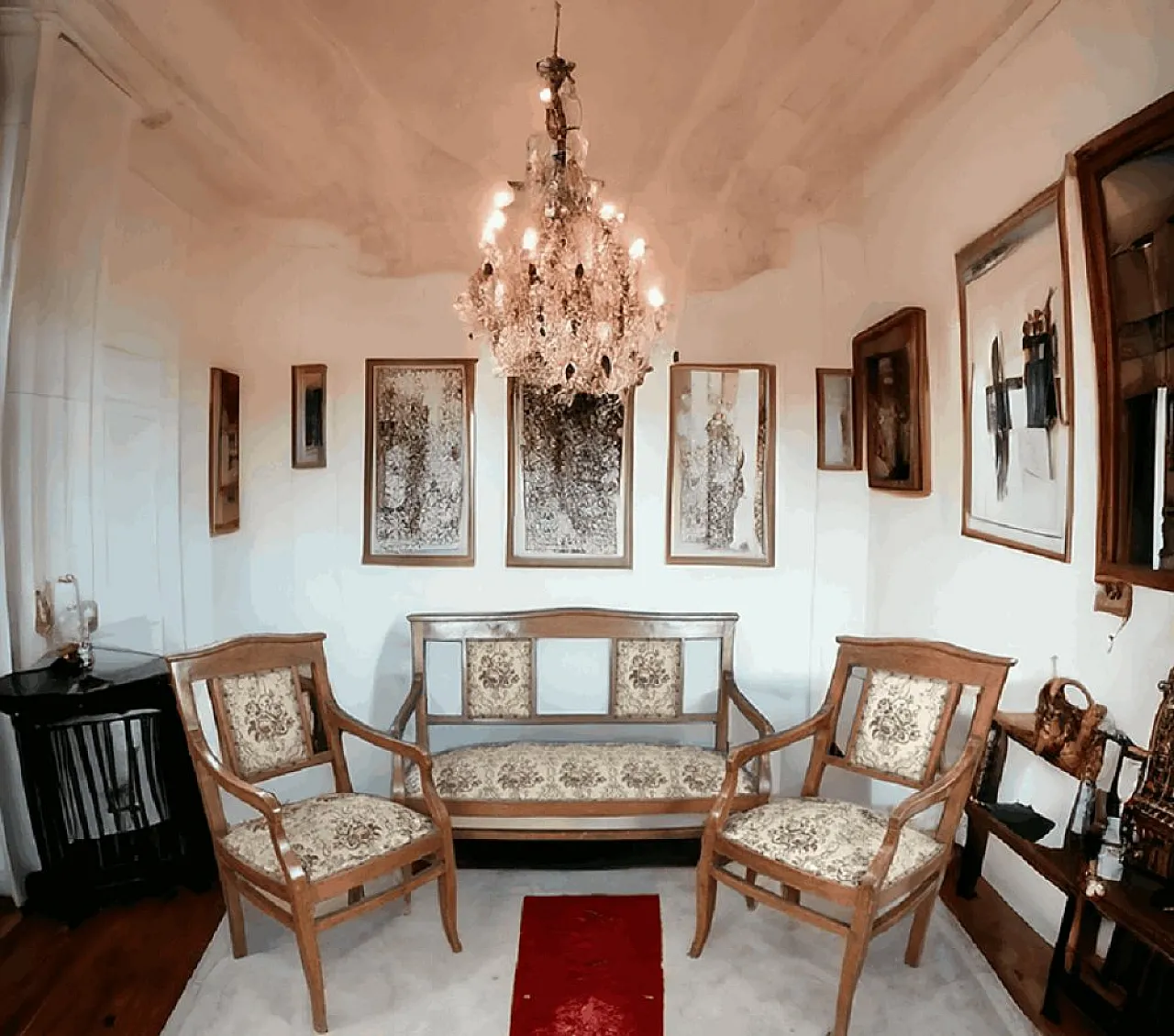 Divano con due poltrone da salotto in legno e tessuto, metà '900 1