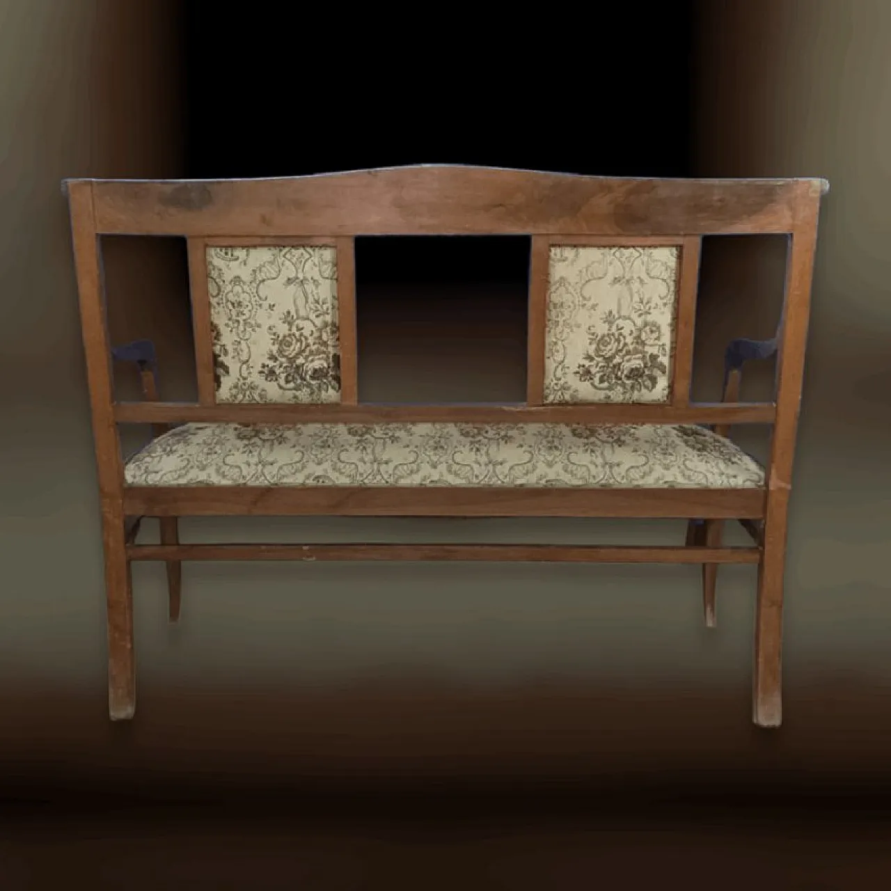 Divano con due poltrone da salotto in legno e tessuto, metà '900 3