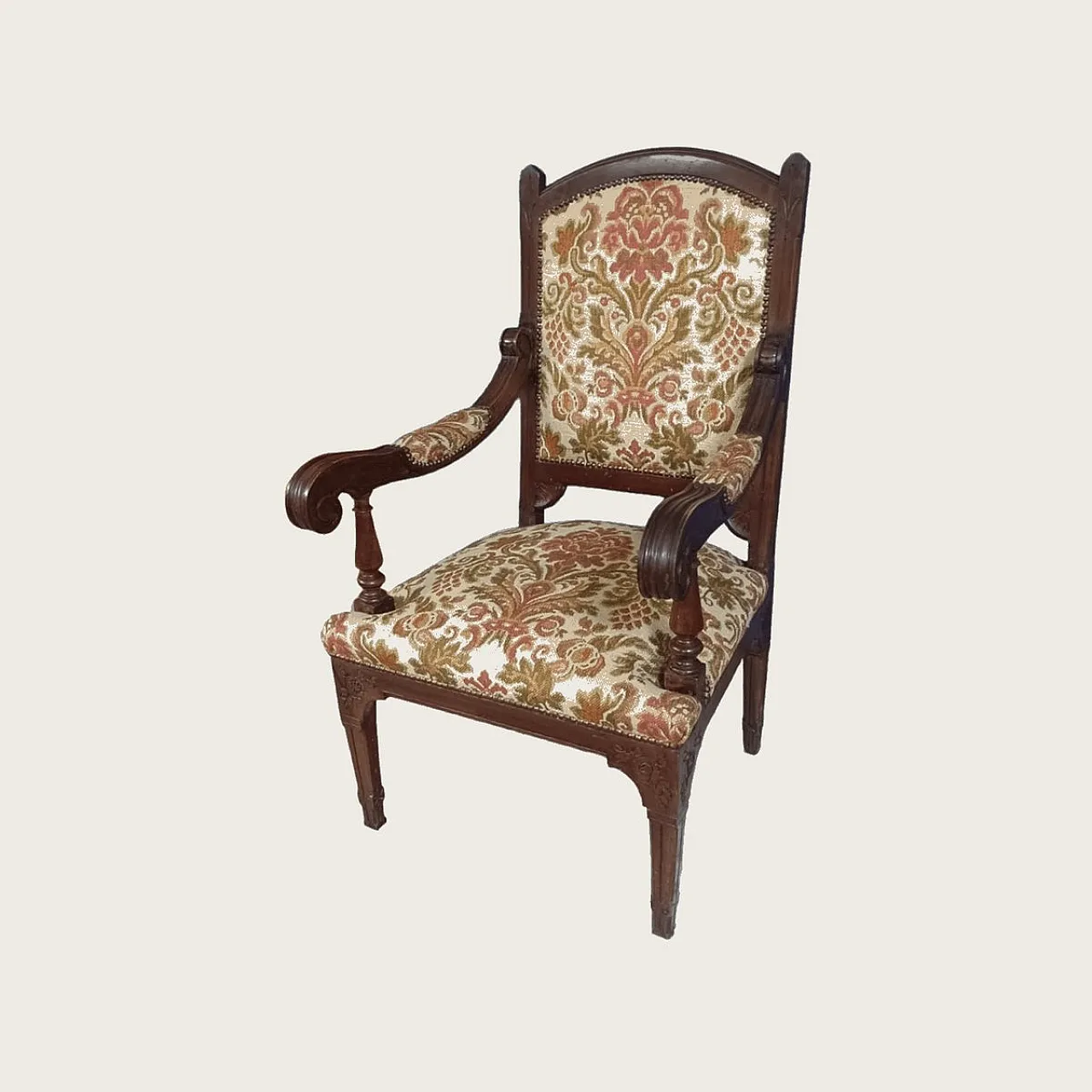 Carved wooden Damask armchair, 1940s 6