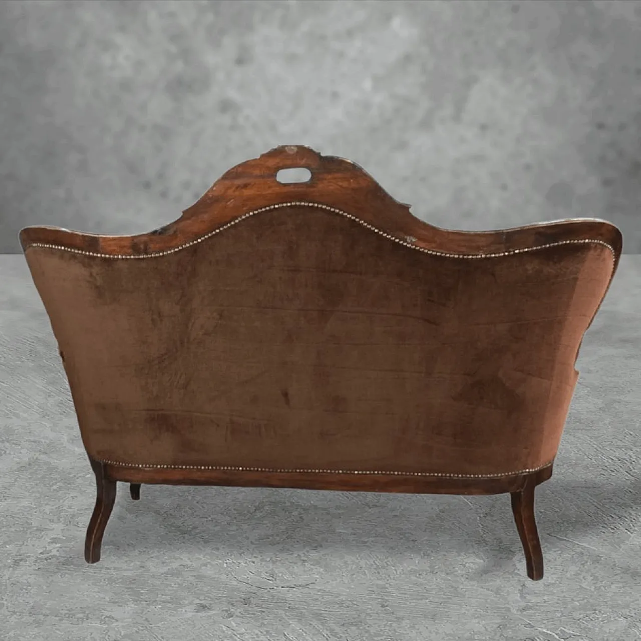 Divano in velluto marrone e noce, primo '900 3
