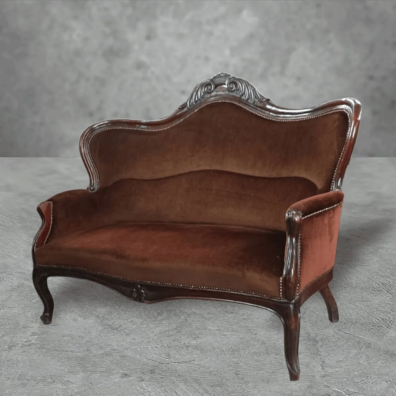 Divano in velluto marrone e noce, primo '900 4