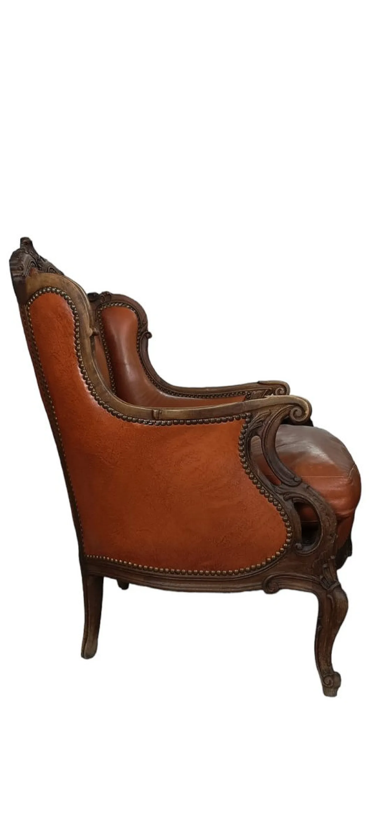 Poltrona in stile barocco in pelle e legno, anni '60 2