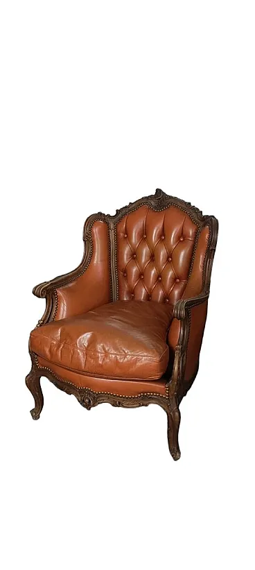 Poltrona in stile barocco in pelle e legno, anni '60