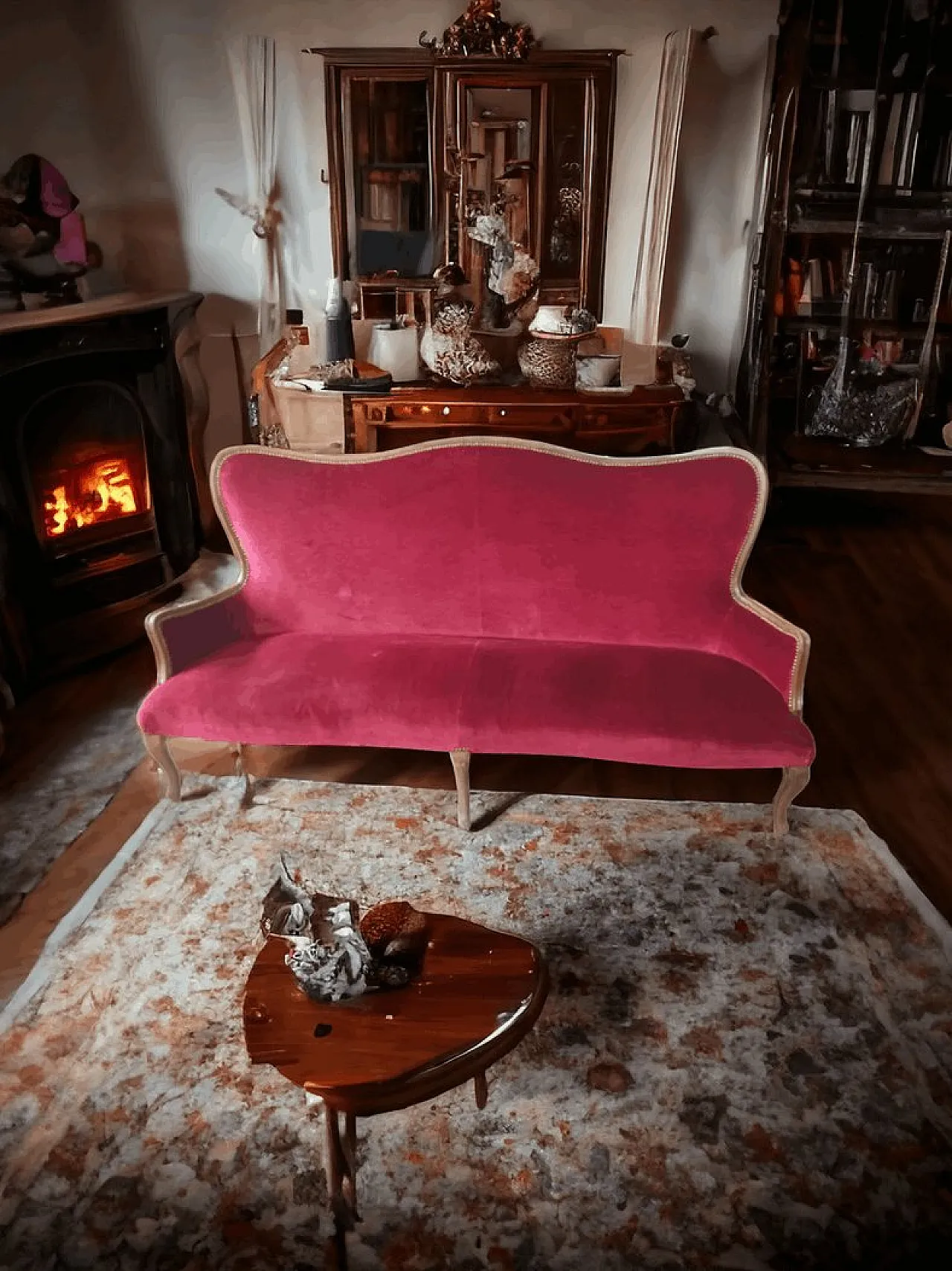 Divano in velluto rosso e noce, primo '900 1