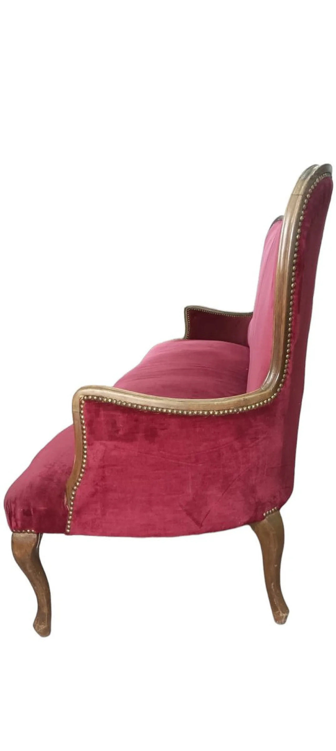 Divano in velluto rosso e noce, primo '900 2